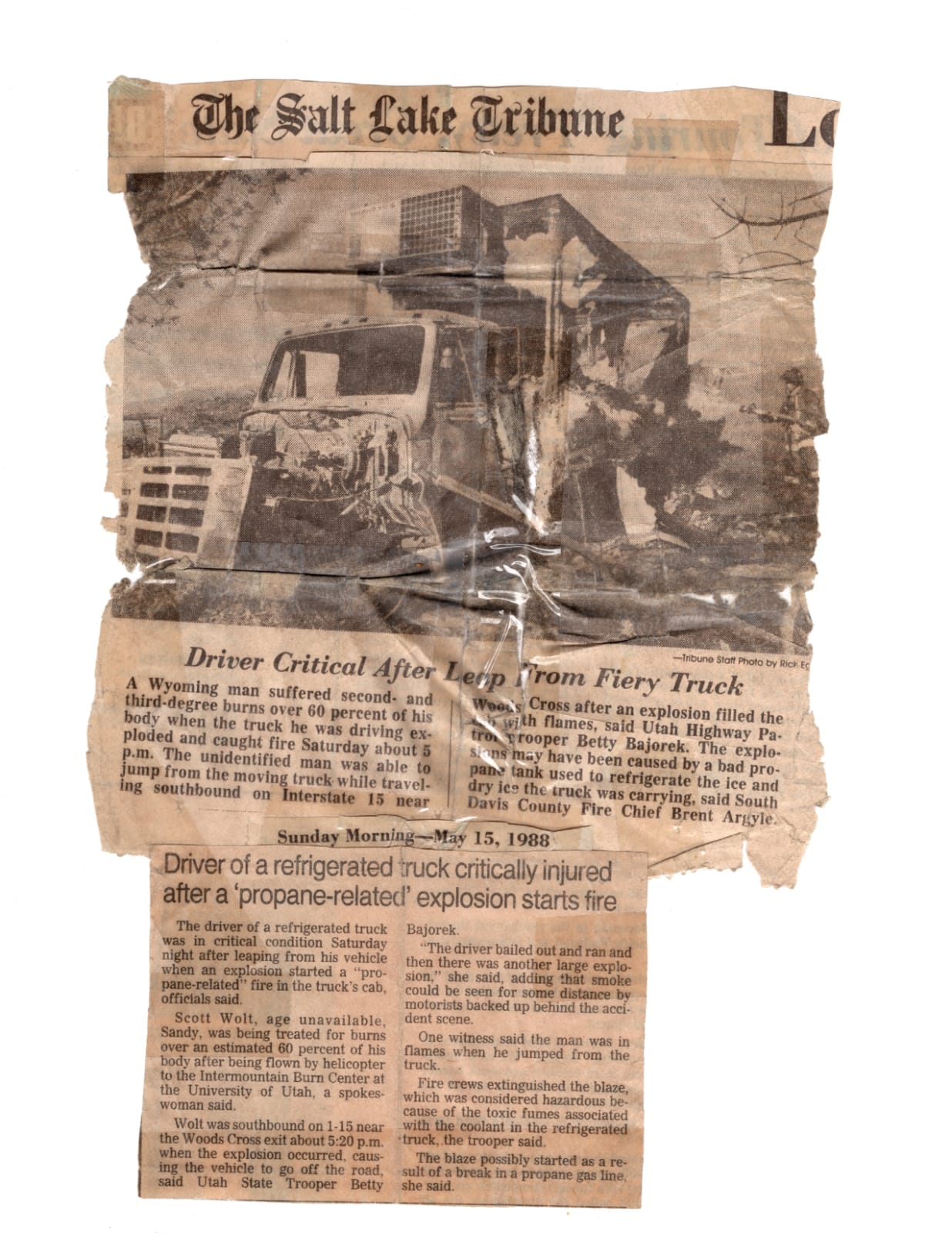 Salt Lake Tribune — May 15, 1988: Driver Critical After Leap From Fiery Truck